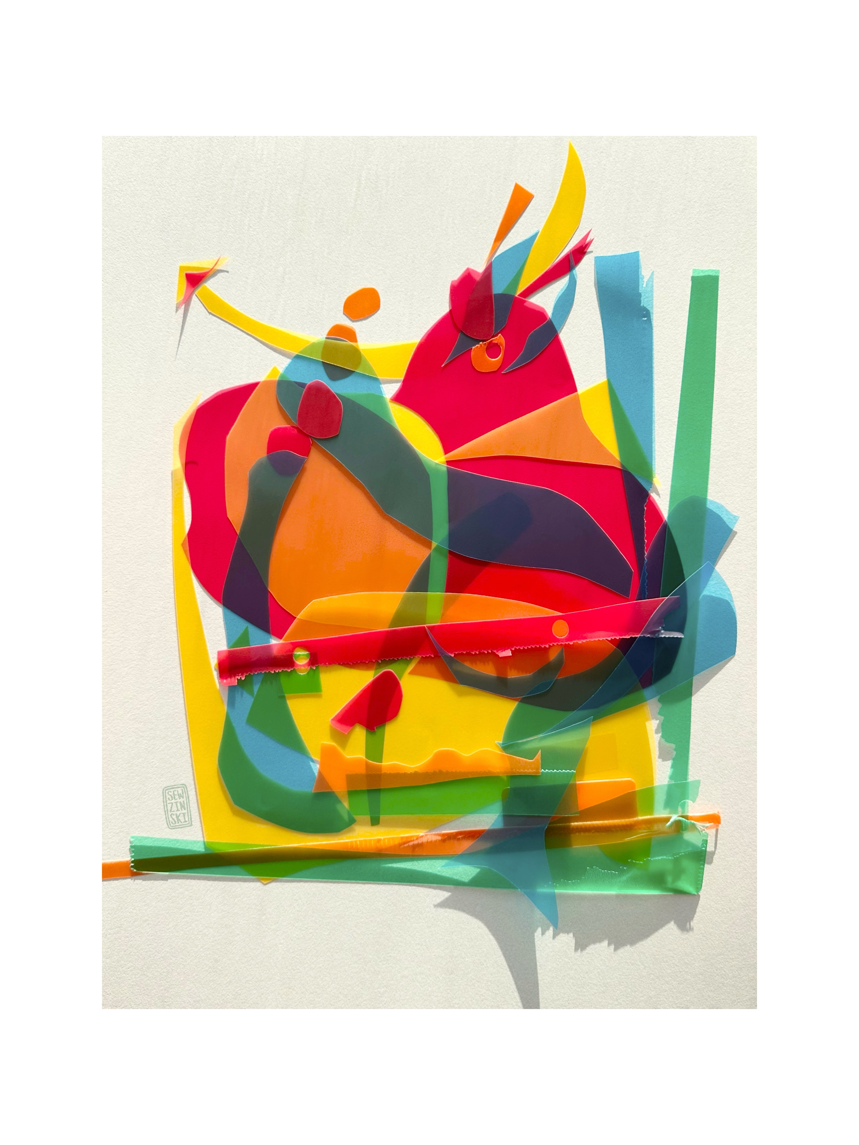 Upcycled Poly vinyl scraps laid out on a piece of paper in the evening light by me. There’s animals, nature and cities mashed together. Primary colors mostly. By Sewzinski