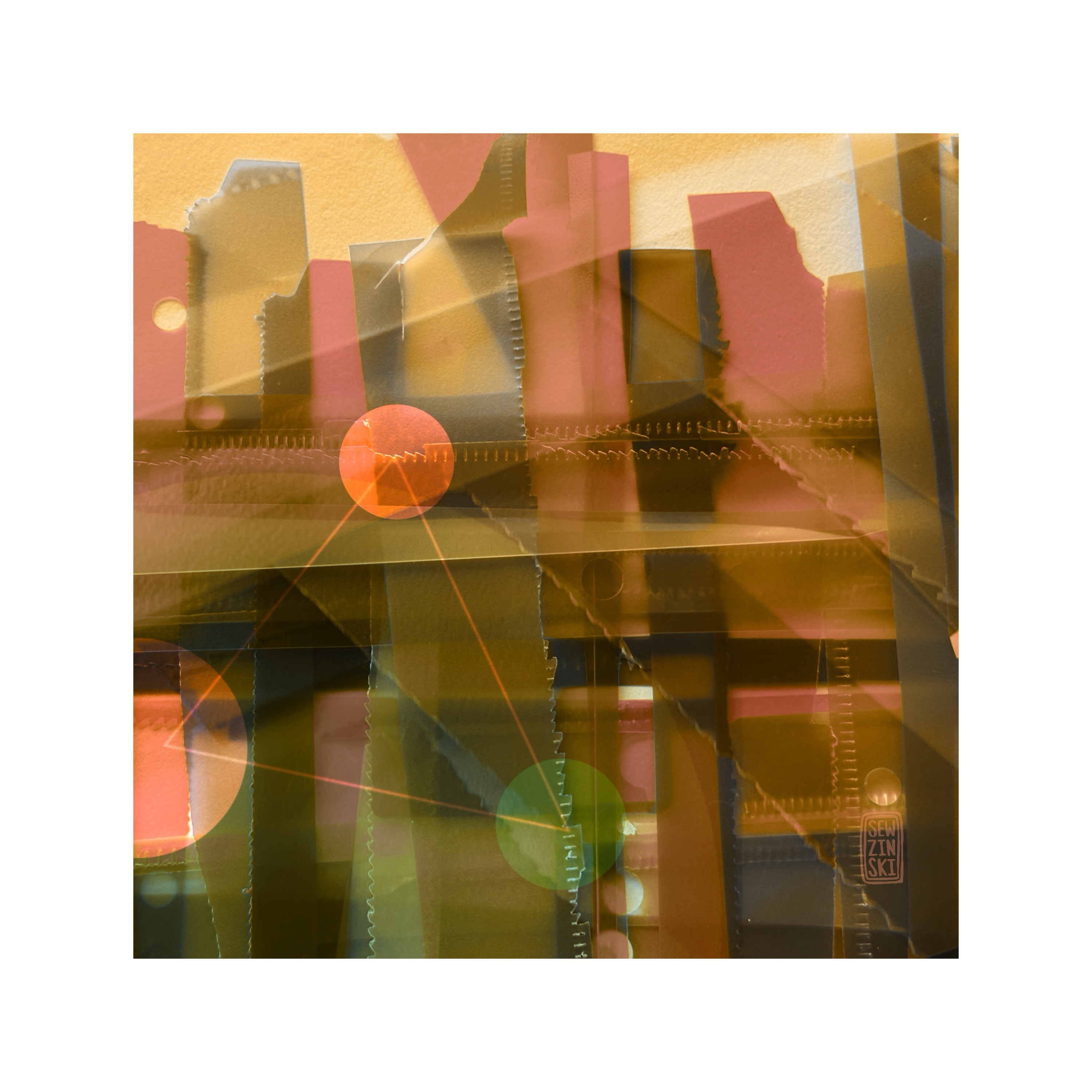A mixed media collage using vinyl, paper, digital photos and illustration. Created on iPad by me Sarah Constantino aka Sewzinski 

Layered items until I created my new city and used mauves, peach, pink, brown, green, and earthy tones. 3 circles of various sizes one hanging off frame connected by faded triangle.