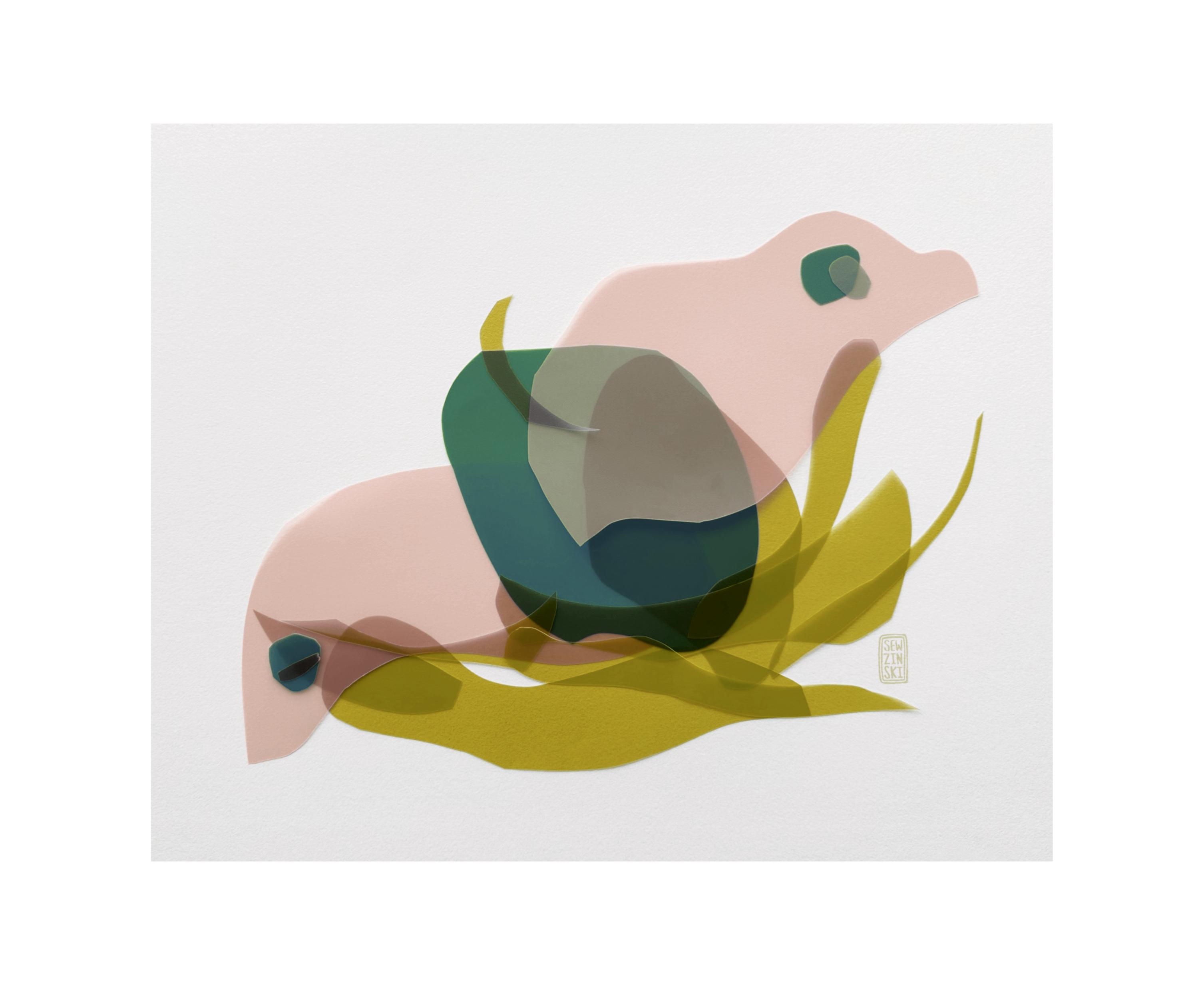 Mixed media collage: A rectangle piece of paper with pieces of garbage arranged into an image of an apple with a bird and a worm. Or maybe they’re both worms. Green, teal, pink, gray by Sewzinski, Sarah Constantino 2026