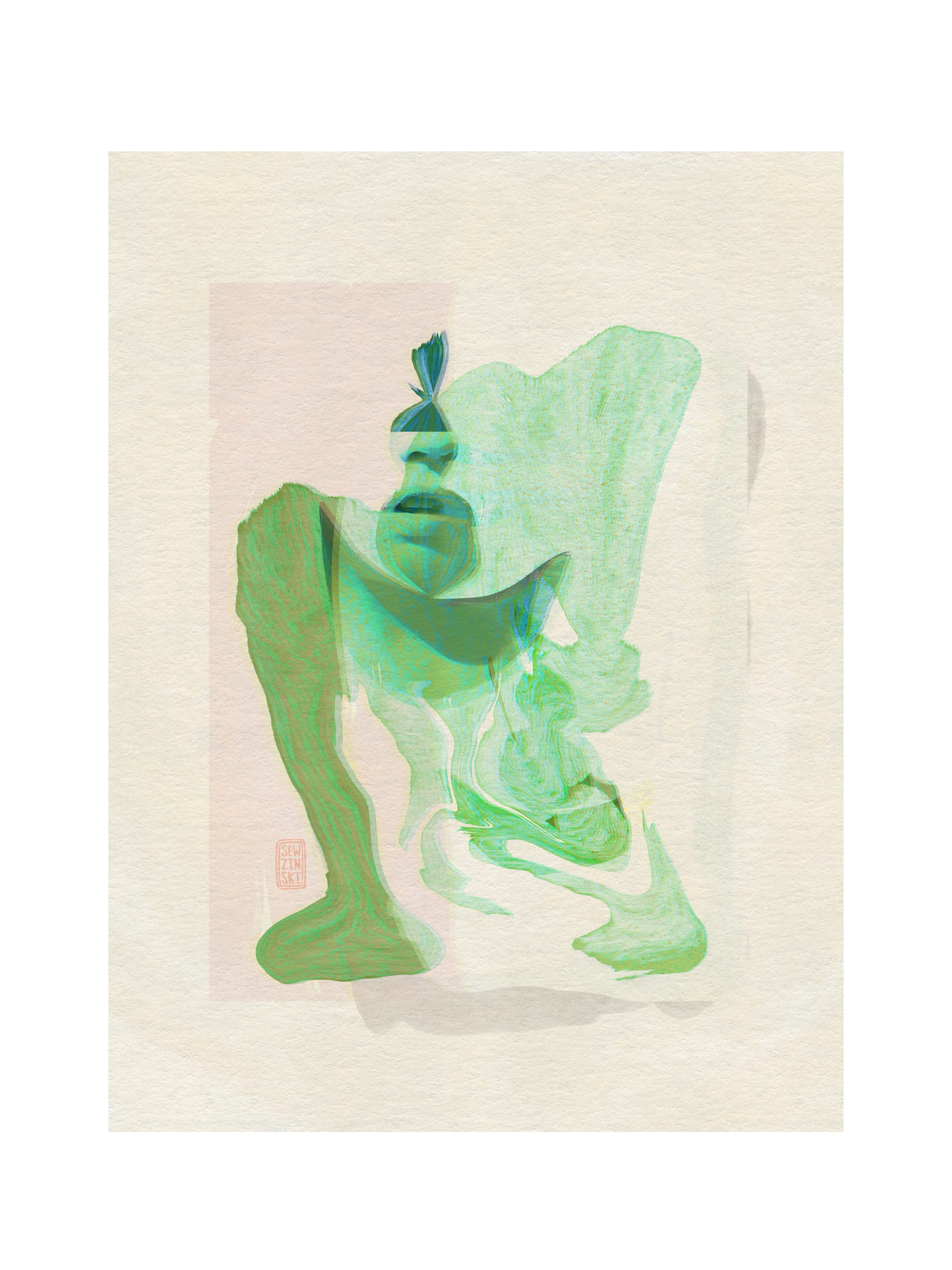 A painting of a frog lady breathing again. Mixed media digital collage by me Sarah Constantino using photography’s, paintings, and other layers. Created on iPad. Greens beige pink gray.